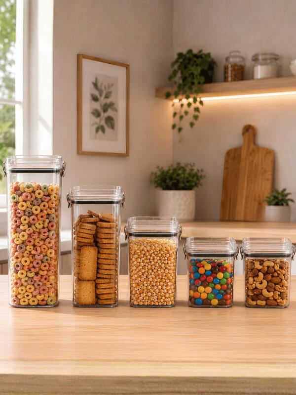 Kit Potes Herméticos Porta Mantimentos em Acrílico Cristal Transparente Organizador Empilhável para Cozinha Armazenar Cereais Grãos Massas Feijão Arroz Farinha Açúcar Café Temperos