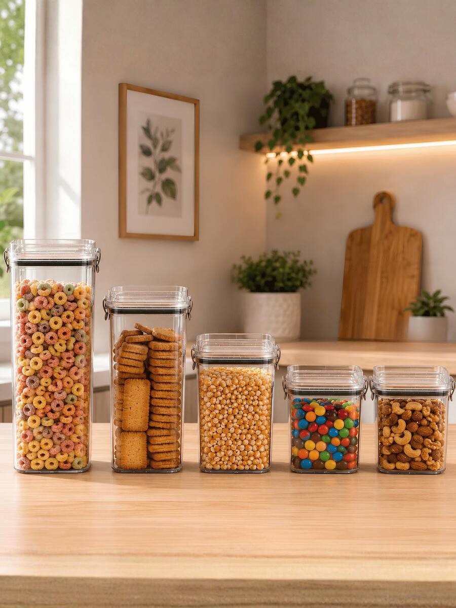 Kit Potes Herméticos Porta Mantimentos em Acrílico Cristal Transparente Organizador Empilhável para Cozinha Armazenar Cereais Grãos Massas Feijão Arroz Farinha Açúcar Café Temperos
