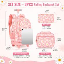 3pcs/Set Girls Daisy Print Pom Pom Pendant Durable Oxford Cloth Rolling Luggage Bag With Adjustable Shoulder Strap Zipper Closure Sweet Student Backpack Set, Suitable For School And Travel - Single Pull Rod, Three Front Pockets, Daisy - View 4