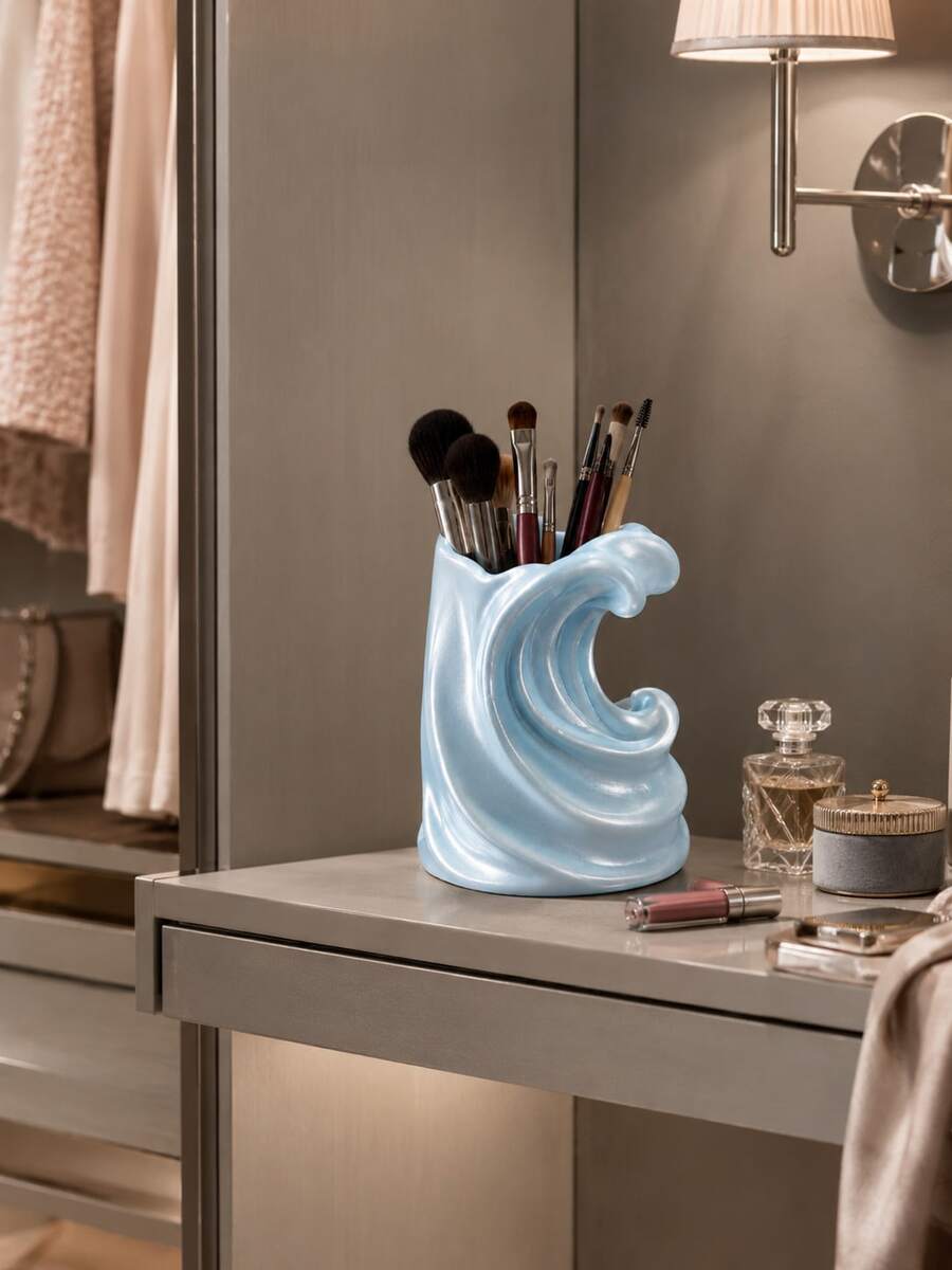 1pc Light Blue Wavy Makeup Brush Holder, Multifunctional Toothbrush & Toothpaste Rack, Fashion Bathroom Countertop Storage Cup, Suitable For Vanity, Bedroom And Home Decor, Bathroom Accessories, Toothbrush Holder, Brush Holder, Makeup Storage Rack - Multicolor - View 1