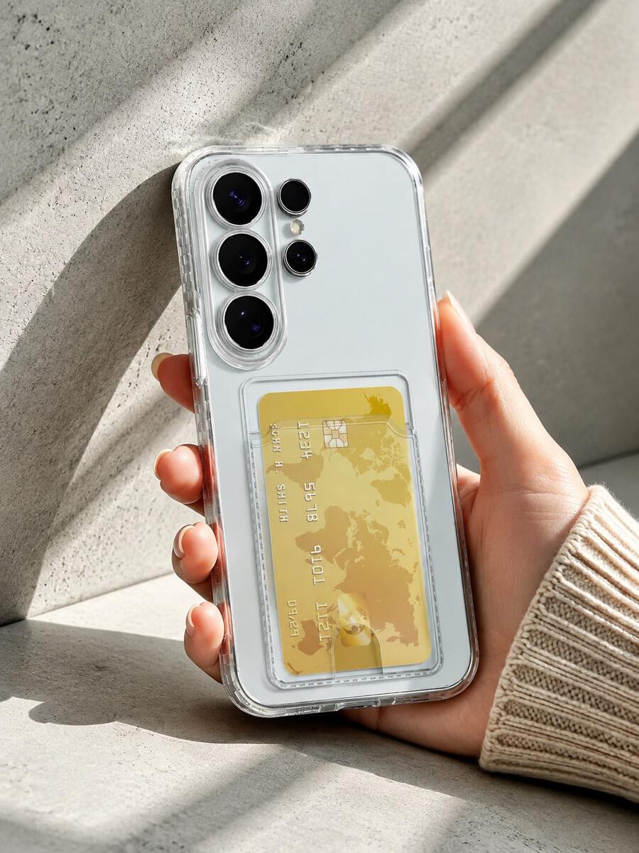 Transparent Four-Corner Anti-Drop Card Slot Phone Case, Back Card Holder Full Coverage Protective Shell, Fresh Minimalist Style Suitable For Samsung Galaxy S26 Ultra/S26 Plus/S26/S25/S24 Ultra/S24 Plus/S24/S23 Ultra/S23 Plus/S23 Series, Versatile Commute Gift - Clear - View 1