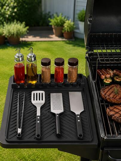 1PC  BBQ Tool Mat For Grill Side Shelf, Large Utensil Rest Pad With Raised Edges, Tool Slots And Drip-Catching Surface, 16.5 * 11.6 In(Black)