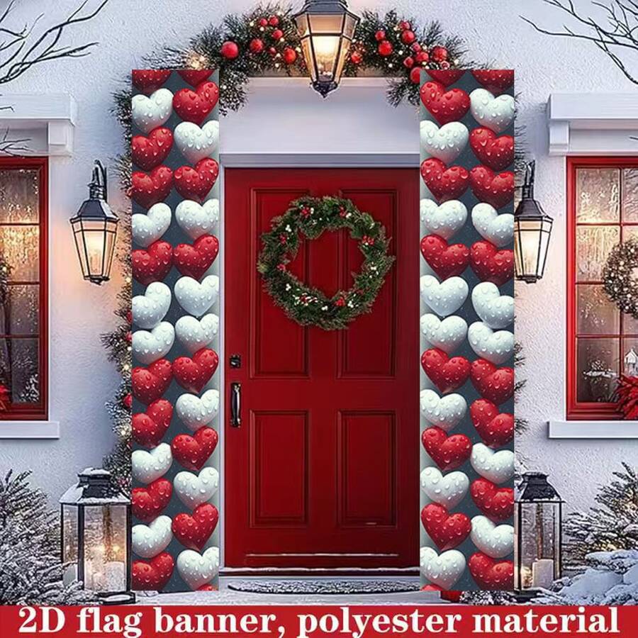 1pc 2D Flat Red & White Heart Theme, With Clear Water Droplet Texture Pattern, Made Of Polyester Material, No Power Required, Suitable For Indoor/Outdoor Various Holiday Scenes, Can Be Used As Porch Side Decoration, Photo Backdrop, Applicable For Holiday Events, Store Display, Decorating Warm And Romantic Atmosphere, Suitable For Valentine's Day And Winter Holiday Atmosphere