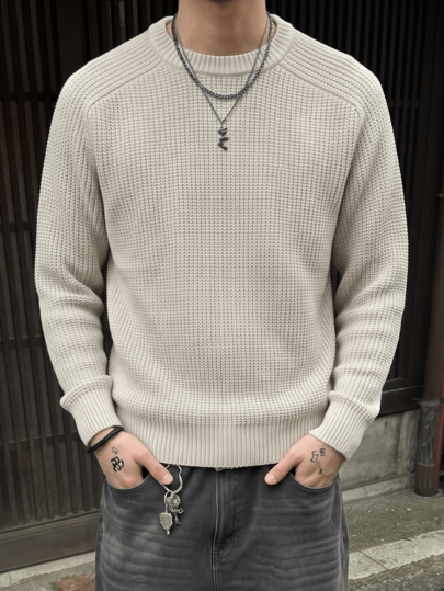 ANDREILEE Apricot Loose Fit Casual Solid Color Crew Neck Pullover Sweater, All-Match Versatile Long Sleeve Knit Top For Men, Winter