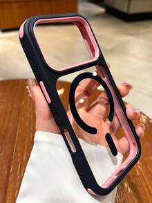 奢華吸震防摔 3N1 磁吸透明壓克力手機殼 短繩款，相容 iPhone 17 Pro Max 17 Pro 17 16 Pro Max 16 Pro 16 15 Pro Max 15 Pro 15 14 Pro Max 14 Pro 14 13 Pro Max 13 Pro 13 12 Pro Max 12 Pro 12 11，支援無線充電，高品質防震防摔保護殼 - 黑粉紅色 - 查看 3