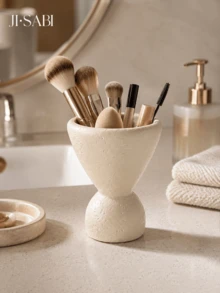 1pc Textured Cream Makeup Brush Holder, Abstract High-Footed Goblet Shaped Vanity Storage Box, 2-In-1 Cosmetic Organizer & Dried Flower Vase, Minimalist Wabi-Sabi Style Bathroom Vanity Home Decor - Stone Cave Storage - View 6