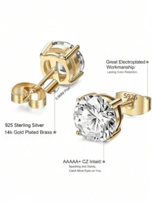 925純銀耳釘套組 | 白金鍍層耳釘 | 鋯石耳釘，適合女性、女孩、男性 (3mm, 4mm, 5mm, 6mm) - 金色 - 查看 5
