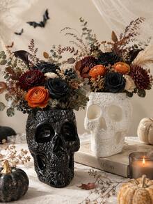 1pc Decorative Floral Skull Vase, Gothic Style Black & White Skull Planter, Embossed Sugar Skull Tabletop Centerpiece, Halloween Home Decor, Suitable For Dried Flowers And Fresh Flowers, Living Room Bookshelf Party Decoration - Gothic Skull Vase - View 2