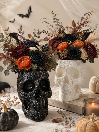 1pc Ornate Floral Skull Vase, Gothic Style Skeleton Flower Pot In Black & White, Embossed Sugar Skull Table Centerpiece, Halloween Home Decor, Suitable For Dried & Fresh Flowers, Living Room Shelf Party Decoration