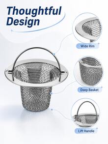 Stainless Steel Sink Strainer With Handle, Fine Mesh Filter Basket, Anti-Clogging Easy-To-Clean Debris Collector, Reusable Filter Basket For Kitchen And Bathroom Sinks, Practical Year-Round Home Accessory - Silver - View 9