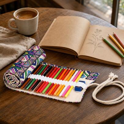 Handmade Canvas Pencil Roll Pouch, Large Capacity Roll‑Up Pen Case, Portable Colored Pencil Sketch Drawing Holder, Multifunctional Stationery Storage Bag, Art Supply Organizer For Boys Girls Student Artist Sketch Painting Travel Use