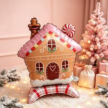 2pcs Pink Gingerbread Snow House Shaped Aluminum Foil Balloons With Standing Base, Suitable For Christmas Party Decoration - View 4