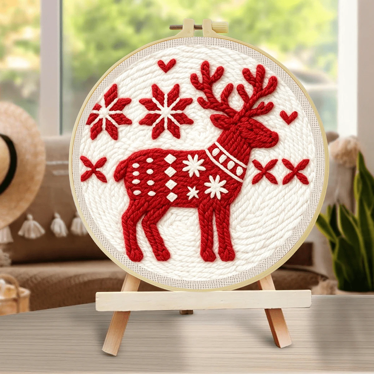 DIY Punch Needle Kit For Beginners Includes A Punch Needle, Yarn, Instructions, A Square Hoop And Pre-Printed Fabric , Christmas Reindeer. A Creative Craft Project For Wall Decor Or As A Gift. 20 X 20 Cm /7.9 X 7.9 In.