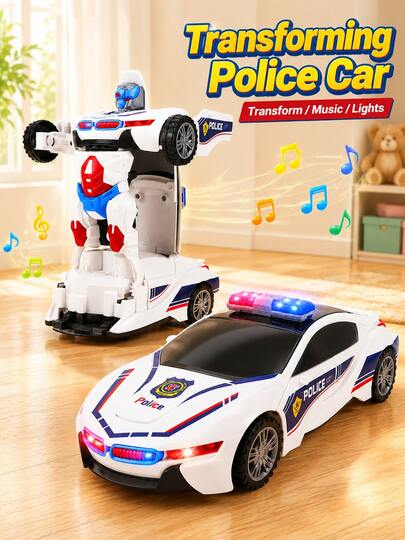 1PC Transforming Police Car Toy, Transforming Robot With Lights And Music, 360° Stunt Rotation Cool Educational Interactive Toy, Suitable As Early Education Birthday Gift Christmas Gift For Boys