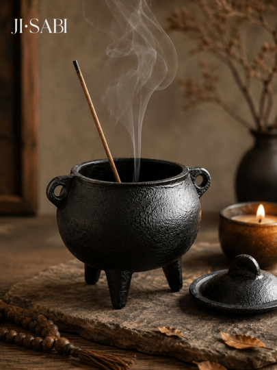1pc Black Cast Cauldron Incense Burner With Lid, Tripod Double‑Ear Incense Holder For Stick Incense, Retro Wabi‑Sabi Tabletop Ornament, For Yoga Meditation Space, Vintage Home Indoor Decor