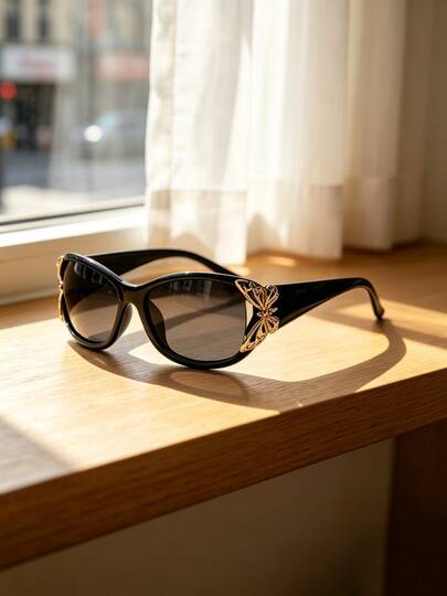Black Oval Metal Butterfly Decor Personalized Fashion Glasses, Versatile For Street Photography, Shopping, Vacation Travel, Fashion Outfits And Fashion Photography