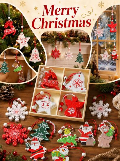 Christmas Tree Hanging Ornaments Gift Box, Painted Holiday Hanging Decorations, Including Santa Claus, Reindeer, Snowman, Angel, Star, Snowflake Patterns, Reusable, Suitable For Living Room, Window, Fireplace Mantel, Party Venue, Lightweight And Durable Holiday Decor