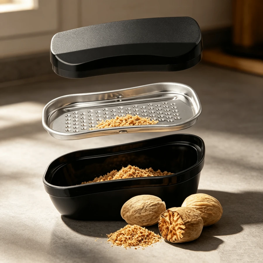 Multi‑Use Spice Grater Equipped With Storage Compartment, Manual Kitchen Tool For Processing Nutmeg And Various Spices At Home - Silver + Black - View 1