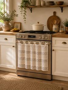 White Floral Lace Oven Curtain, Tie-Up Ruffle Short Kitchen Tier Curtain, Farmhouse Style Decorative Cover, Suitable For Oven, Open Cabinet, Small Window, Country Home Decor - Apricot - View 3
