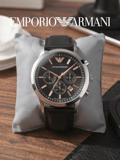 Armani AR11431 Men's Watch, Silver Round Case, Fashion Black Chronograph Dial, Personalized Accessory Suitable For Men's Business And Casual Styles