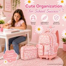 3pcs/Set Girls Daisy Print Pom Pom Pendant Durable Oxford Cloth Rolling Luggage Bag With Adjustable Shoulder Strap Zipper Closure Sweet Student Backpack Set, Suitable For School And Travel - Single Pull Rod, Three Front Pockets, Daisy - View 7