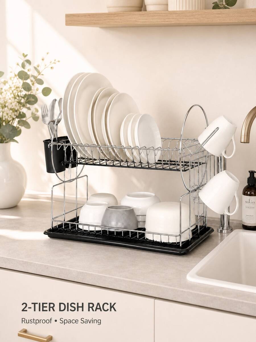 2-Tier Black Metal Rust-Resistant Dish Drying Rack With Side Cup Holder, Removable Utensil Caddy And Drain Tray, Space-Saving Kitchen Counter Organizer For Plates, Bowls, Glasses And Cutlery - Multicolor - View 1
