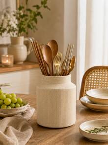 1pc Cream Ribbed Kitchen Utensil Holder, Large Capacity Utensil Crock For Spoons Forks Chopsticks Spatulas, Modern Farmhouse Countertop Organizer, Minimalist Kitchen Counter Decor - Multicolor - View 1