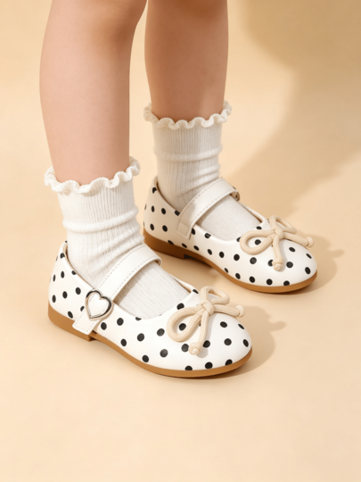 1 Pair Girls' White & Black Polka Dot Mary Jane Flats, Heart Buckle Beige Bow Decor Round Toe Soft Sole Dress Shoes, Toddler Little Girls Princess Party Wedding Casual Shoes