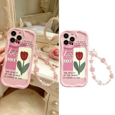 Pink Wavy Edge Vintage Oil Painting Red Tulip English Patchwork Print Phone Case With Free Girl Rose Butterfly Pearl Chain Soft Shell Compatible With 17/17 Pro/17 Pro Max, 16/15, 15 Pro Max, 13/14/11/12/14 Pro Max, XS/XR/X/8/7/8 Plus/7 Plus, Galaxy S22/23/24/S25/S26/A04/A36/A06/A07/A17/A15/A16/A24/A25/A34, Note 7/8/9/10/11/12/13/14, 13C/14C/A5, Honor X, HW, C53 C55, Spring Birthday Gift, Anniversary Gift