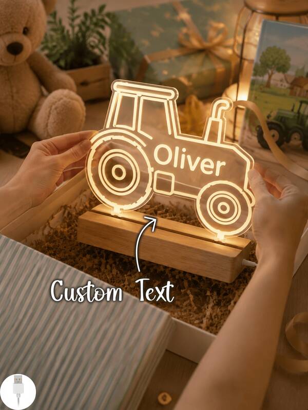 Personalized Tractor Night Light Custom Name LED Desk Lamp Wooden Base Engraved Acrylic Table Lamp Vehicle Nursery Room Decor Birthday Christmas Gifts For Kids Boys Toddler Baby