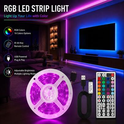 RGB LED燈條 3FT-100FT，自黏可裁剪，USB供電，適用臥室裝飾、客廳、萬聖節、聖誕節、生日與婚禮裝飾