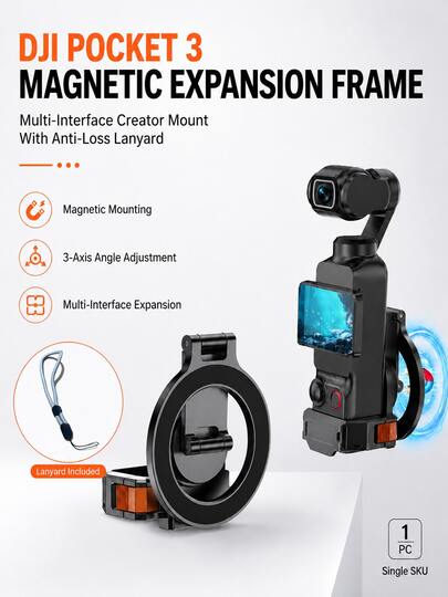Magnetic Expansion Frame For Osmo Pocket 3, 17-Magnet Magnetic Base, 3-Axis Angle Adjustment, Includes Lanyard, With Cold Shoe, 1/4" Screw Hole And Action Camera Expansion Interface, Quick-Release Portable Shooting Stand, Suitable For Vlog, Travel, Desktop Shooting