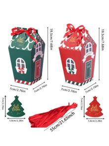30pcs Red/Green Christmas House-Shaped Gift Box, Includes Red Ribbon And Christmas Tree Card. Ideal For Christmas Gift Wrapping, Table Decorations, Holiday Gift Wrapping, And Themed Party Decorations. Perfect For Christmas And Themed Parties. - Multicolor - View 11