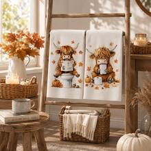 2/4/6pcs Highland Cow Autumn Theme Printed Kitchen Napkins, Cute Hand-Drawn Style, Soft And Easy To Clean, Highland Cow, Pumpkin, Maple Leaf And Fun Bathroom Patterns, Home Decor, Autumn Home Gift, Suitable For Bathroom Decor, Kitchen Decor, Kitchen Accessories - Multicolor - View 4