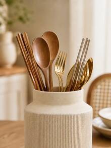 1pc Cream Ceramic Kitchen Countertop Utensil Holder, Striped Cooking Utensil Canister, Spoon Fork Chopstick Storage Rack, Modern Farmhouse Kitchen Decor Organizer - Multicolor - View 7