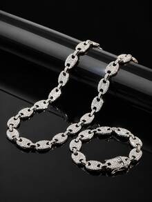 1 Set 13mm Wide Full Rhinestone Pig Nose Chain Necklace & Bracelet 2-Piece Set, Densely Inlaid Rhinestone Heavy Chain, Hip Hop Street Style Accessories, Rap Music Festival Party Unisex Gift Jewelry - Style NL2047 - View 22