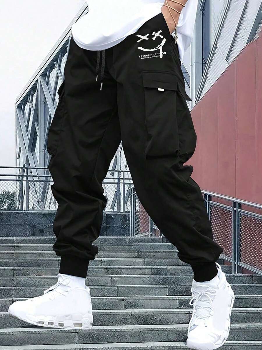 Men Plus Size Casual Letter & Smiling Face Print Cargo Pants , Fall - Black - View 1