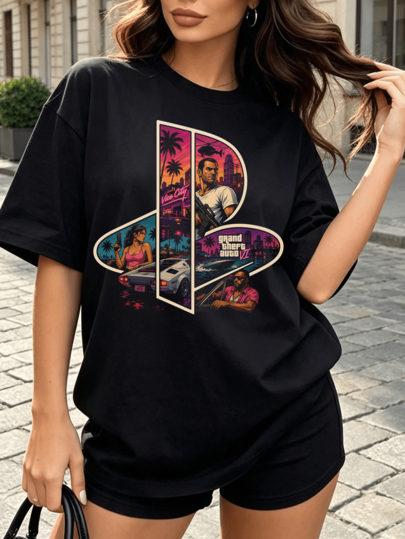 Camiseta GTAA VI com Logo PlayStation, Grand Theft Auto 6 Vice Cityy, colagem de personagens Neon, camiseta retro de videojogo de manga curta para gamers e fãs