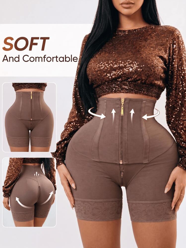 1pc Women's Shaping Panties, High Waist Shaping Shorts, Zipper Closure, Tummy Control Shaping Underwear - Rust Brown - View 5