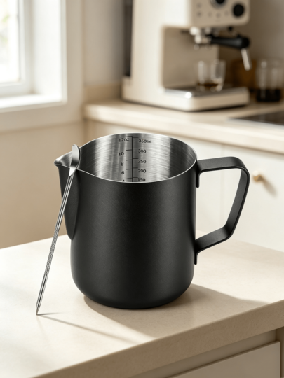 Jarra de leche de acero inoxidable de 350 ml (12 oz) con pincel para latte art y escala en el interior: una jarra profesional para latte art, cappuccino y espresso para uso doméstico