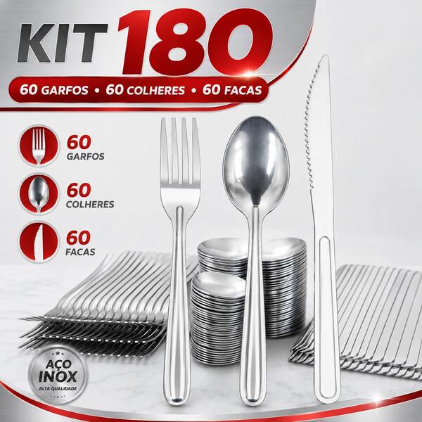 Kit 180 Talheres Em Aço Inox Para Cozinha e Buffet Mesa Para Comer Almoço e Janta