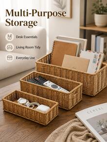 1pc Faux Wicker Storage Basket, Rectangular Desktop Organizer, Essential Home Storage Box For Remote Control, Seasoning Bottles, Bathroom And Kitchen Sundries - Multicolor - View 6