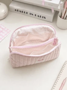 2 Styles Zipper Pencil Case, Vertical Quilted Design, Large Capacity Multi-Layer Zipper Stationery Bag, Soft Padded Makeup Storage Bag, Light Pink Polka Dot Lining, Multiple Storage Pockets, Suitable For School, Office, Travel, New Semester, Can Neatly Store Pens, Rulers, Erasers And Notebooks, Back To School Essential - Multiple Styles - View 8