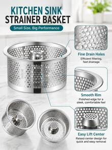 Stainless Steel Sink Strainer, Featuring Fine Honeycomb Basket And Center Handle Design, Anti-Clogging, Easy To Pour And Clean, Practical Kitchen Sink Debris Filter, Essential Home Kitchen Accessory - Silver - View 5