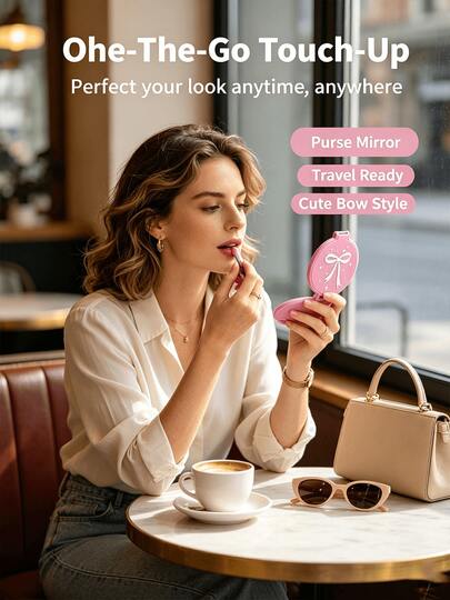 Pink Bow Makeup Mirror Set - Round Makeup Mirror With White Storage Bag And Bow, Pink Bow Portable Folding Mirror, Suitable For Women, Party Favors, Women's Birthday, Bridal Gift