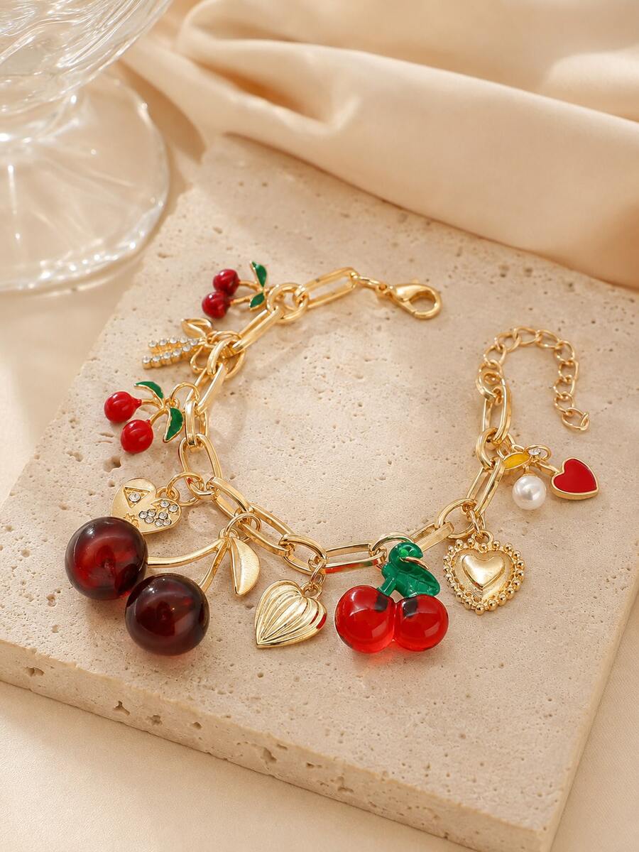 Cute Red Strawberry & Cherry Heart-Shaped Pearl Pendant Bracelet, New Fashion Fruit Gold Chain Jewelry Party Gift - Multicolor - View 1