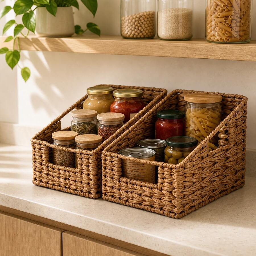 2 Pieces Detachable Trapezoid Woven Storage Basket Set With Cutout Handles, Waterproof Paper Rattan Large-Capacity Organizer Bins For Snacks, Toiletries, Pantry, Kitchen, Bathroom, Closet And Shelf - Multicolor - View 1