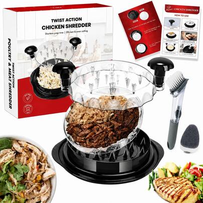 Upgraded 3-Layer 10'' Large Pro Chicken Shredder Tool Twist Large Set(Free Cleaning Brush), Meat Grinder For Kitchen,Chicken Breast Shredder With Removable Tray, Anti-Slip Silicone Strip, Ergonomic Handle, For Beef & Pork And Other Meats (Black)
