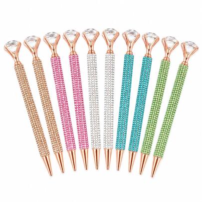 10pcs/Set Sparkling Rhinestone Ballpoint Pen Set, Diamond Top Shiny Crystal Metal Pen, Luxury Decorative Office Stationery Gift