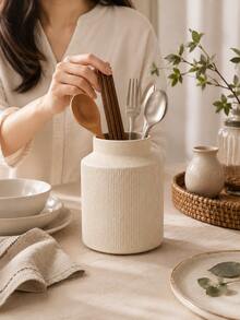 1pc Cream Ceramic Kitchen Countertop Utensil Holder, Striped Cooking Utensil Canister, Spoon Fork Chopstick Storage Rack, Modern Farmhouse Kitchen Decor Organizer - Multicolor - View 2